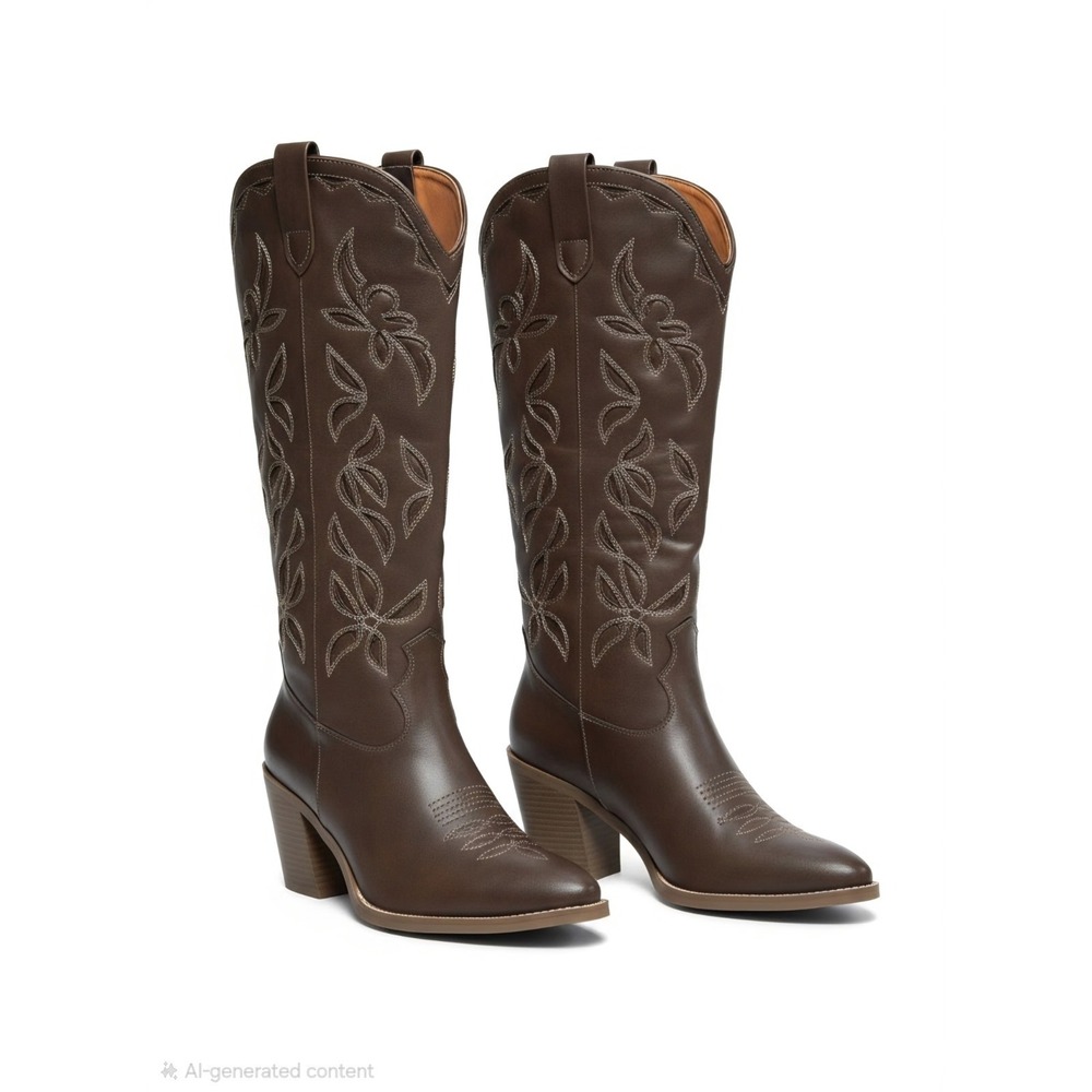 ISNOM Women's Western Boots Knee High Boots Cowgirl Embroidered Size 9.5 New